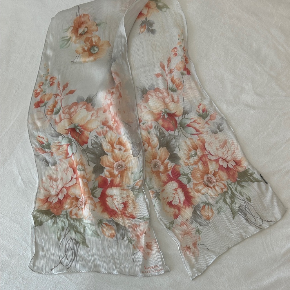 Ralph Lauren Floral Sheer Scarf in Peach, Coral & Green approx 50” tags removed